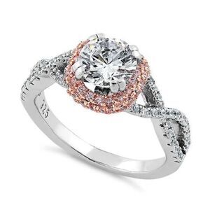 Sterling Silver Twisted Two Tone Rose Gold Vermeil Clear CZ Ring New